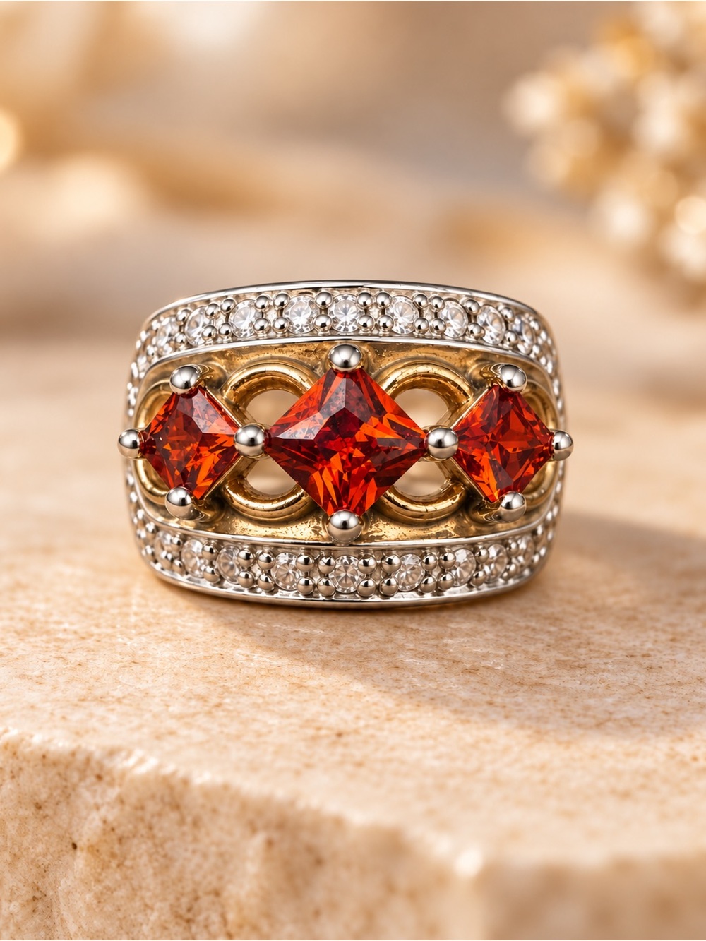 Vintage 925 Sterling Silver Rhodium Plated Red Garnet-Color CZ Statement Ring
